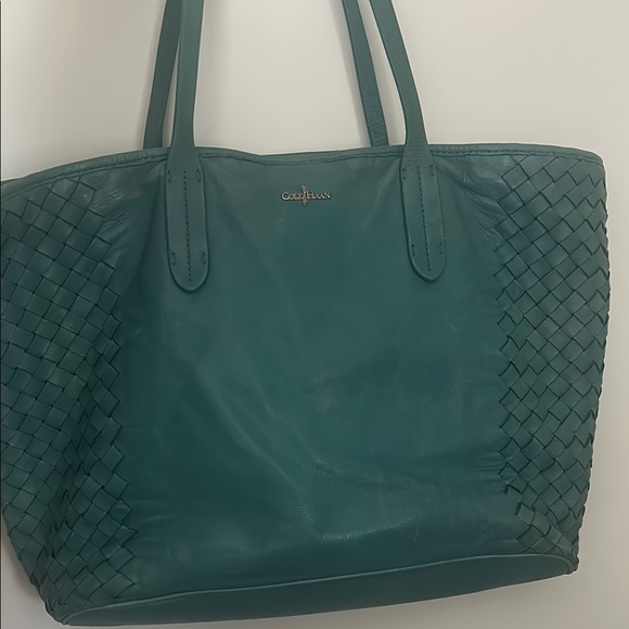 Cole Haan Victoria Woven Leather Tote Aqua Blue - Picture 1 of 14